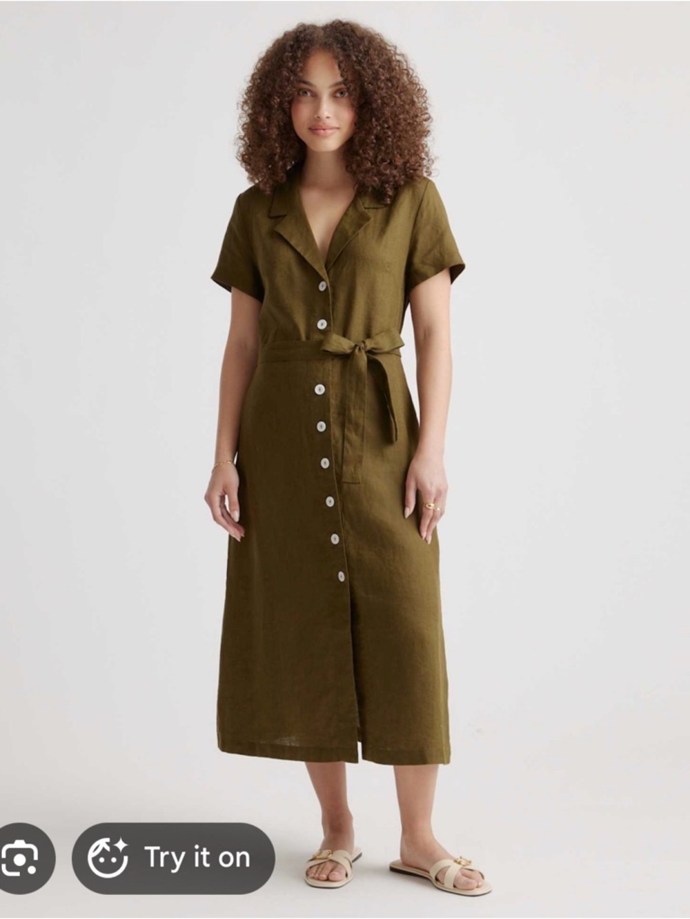 Quince Martini Olive 100% European Linen Button-Front Shirt Dress - NO TIE